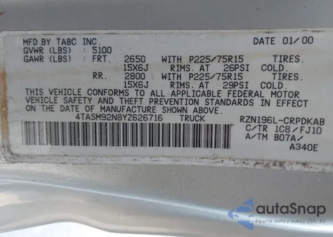 2000 Toyota Tacoma Prerunner из США, поврежденный, VIN 4TASM92N8YZ626716